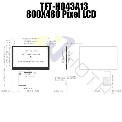 800x480 LVDS صفحه نمایش 4.3 اینچی TFT نور خورشید قابل خواندن TFT-H043A13SVIST6N40