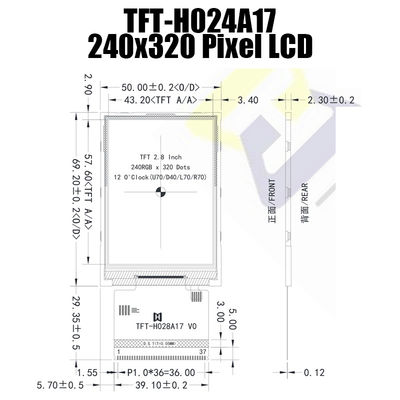 نمایشگر 2.8 اینچی MCU TFT LCD 240x320 نقطه 250cd/M2 با آی سی ST7789 TFT-H028A17QVTST2N37