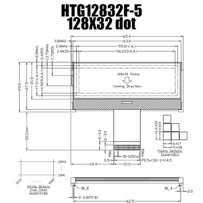 128X32 گرافیک COG LCD ST7565R | FSTN + صفحه نمایش با نور پس زمینه سفید/HTG12832F-5