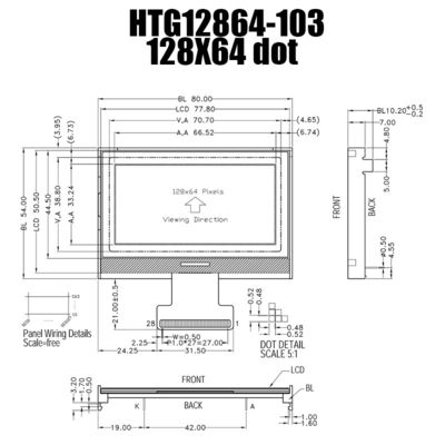 128X64 Gray COG LCD Graphic 66.52x33.24mm ST7565P HTG12864-103