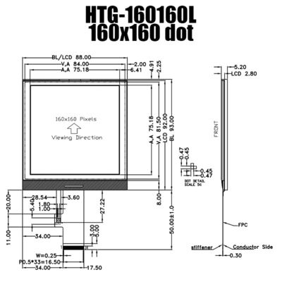 صفحه نمایش FSTN ماژول LCD مربع COG 160X160 با نور پس زمینه سفید جانبی HTG160160L