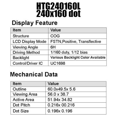 ماژول 18PIN 240x160 COG LCD UC1698 با نور پس زمینه سفید جانبی HTG240160L