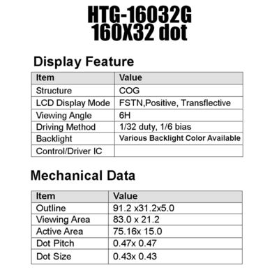 ماژول COG LCD 75.16x16mm 160x32 ST7525 انتقال منفی HTG16032G