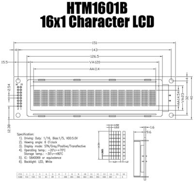 ماژول نمایشگر LCD تک رنگ 16x1، ماژول LCD کوچک S6A0069 HTM1601B