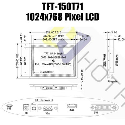 ماژول نمایشگر 15.0 اینچی Pcap صفحه نمایش HDMI LCD 1024x768 IPS TFT LCD